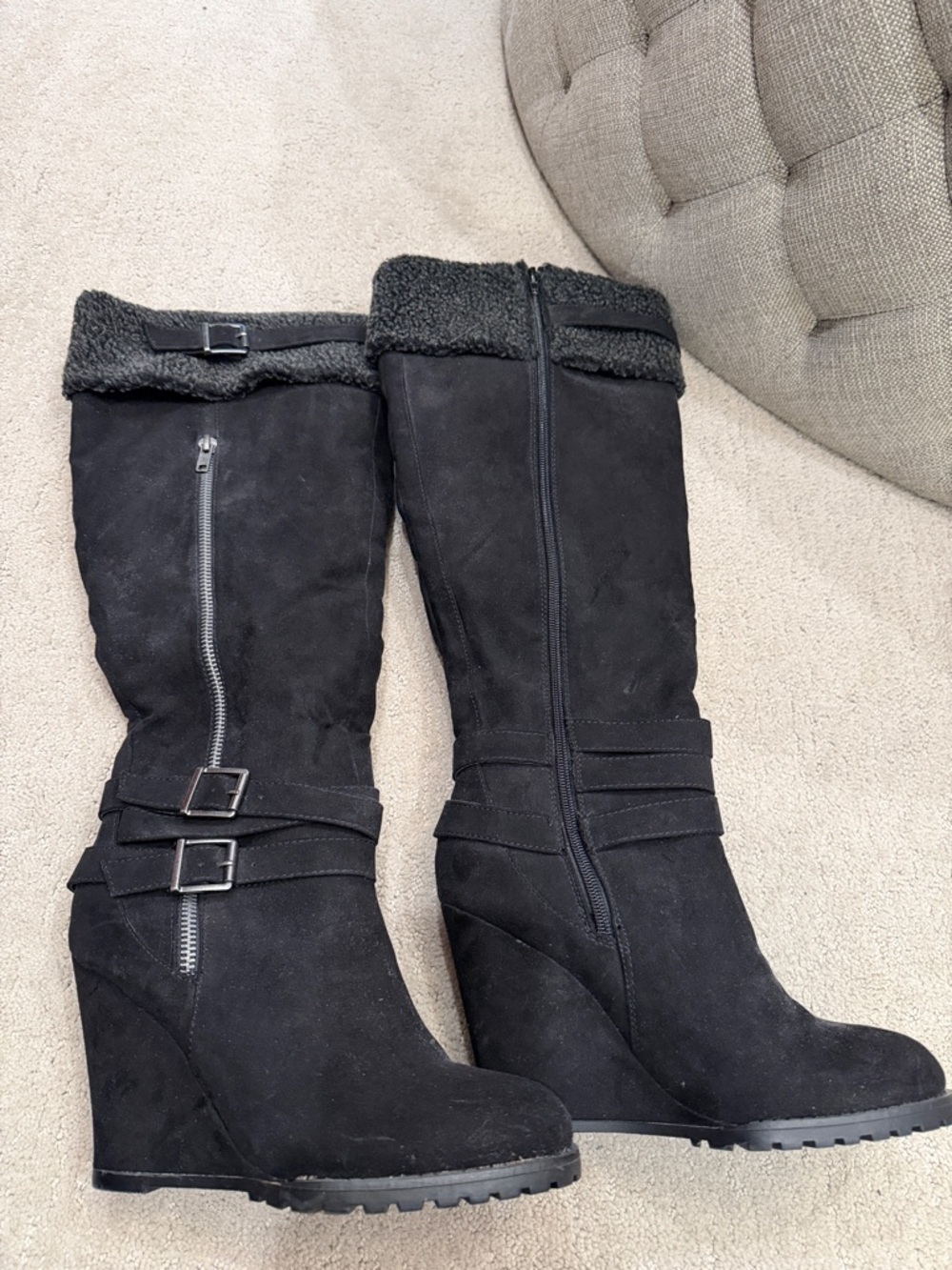 JustFab Black Wedge Knee-High Boots with Buckle Detail